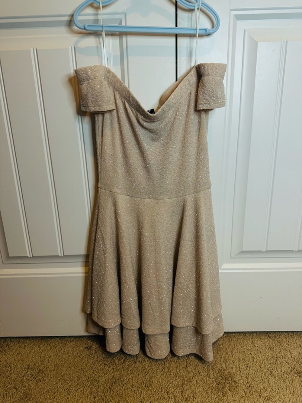 Windsor Off-Shoulder Sparkle Mini Dress in Champagne